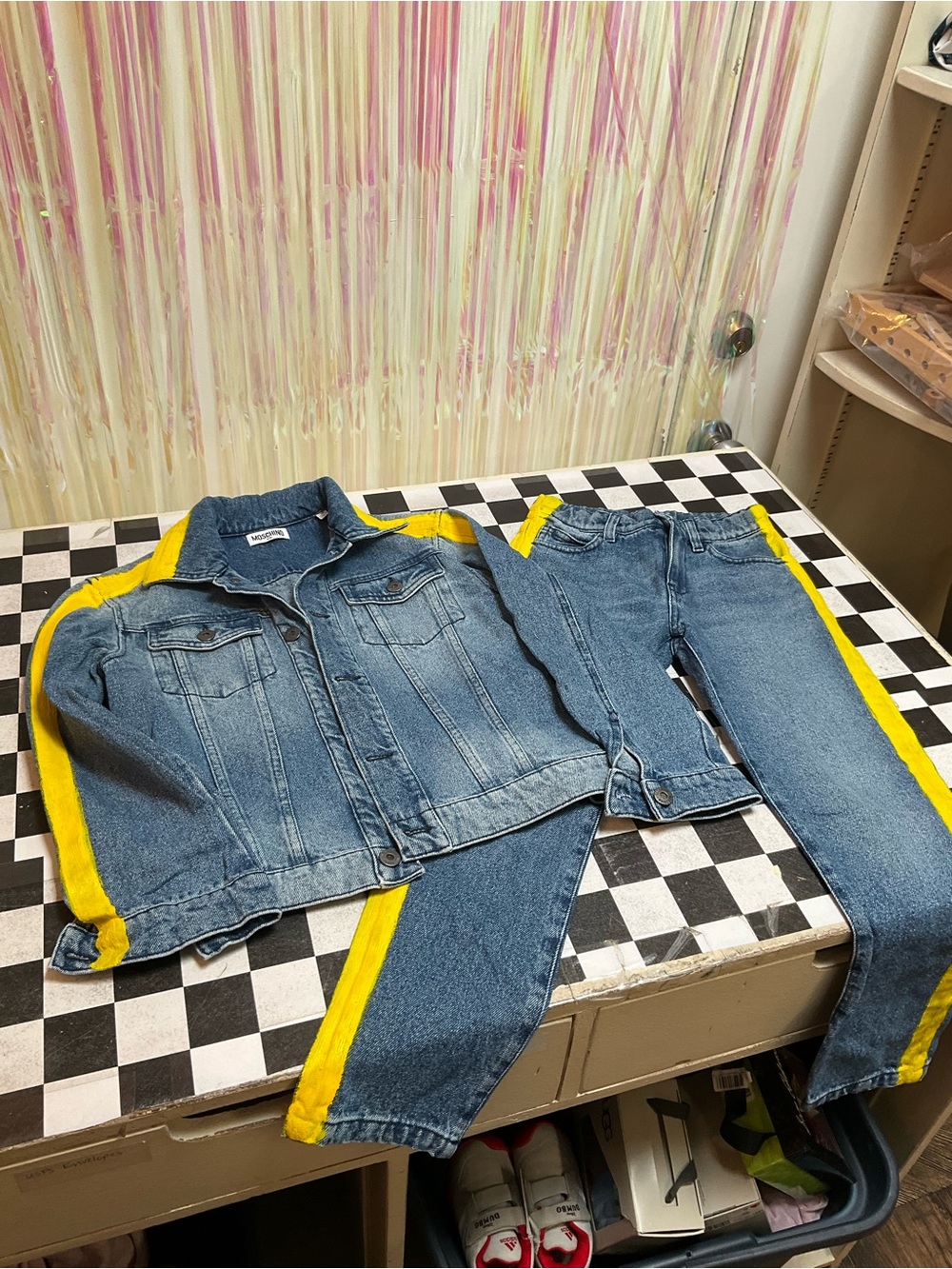 Moschino Blue Denim Jacket and Slim Straight Jeans with Yellow Stripe